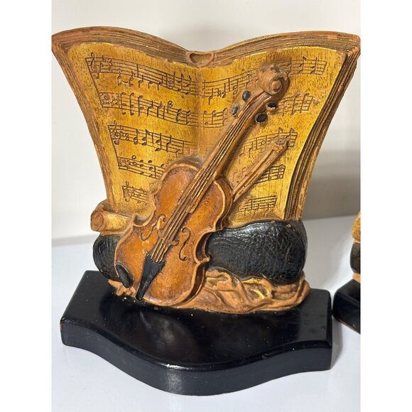 Vtg Syroco Musical Violin Sheet Music Bookends Resin Wood Look Design Music Room - Picture 2 of 6